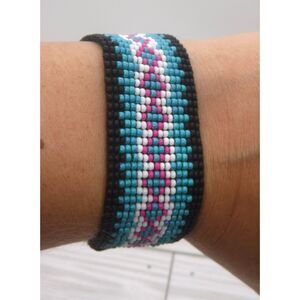 Loom Beaded Bracelet Black, Teal, Pink & White w/ Leather